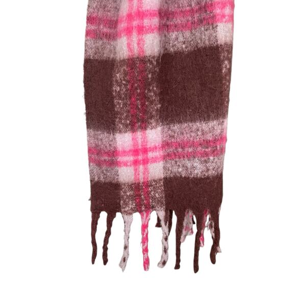 Anthropology Fringe Trim Blanket Scarf Brown Pink Plaid 100% Recycled Polyester - Picture 4 of 9